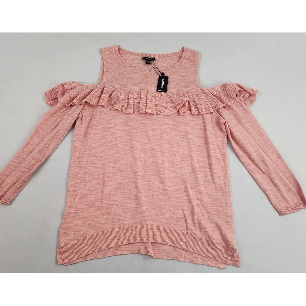 Express Women Pink Cold Shoulder Ruffle Sweater M 11814214 Cotton Rayon Knit
